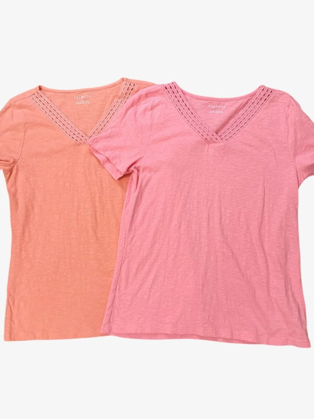 TWO Talbots Tees Size Medium Slub Knit Crochet Trim V-Neck Short Sleeve T-Shirt